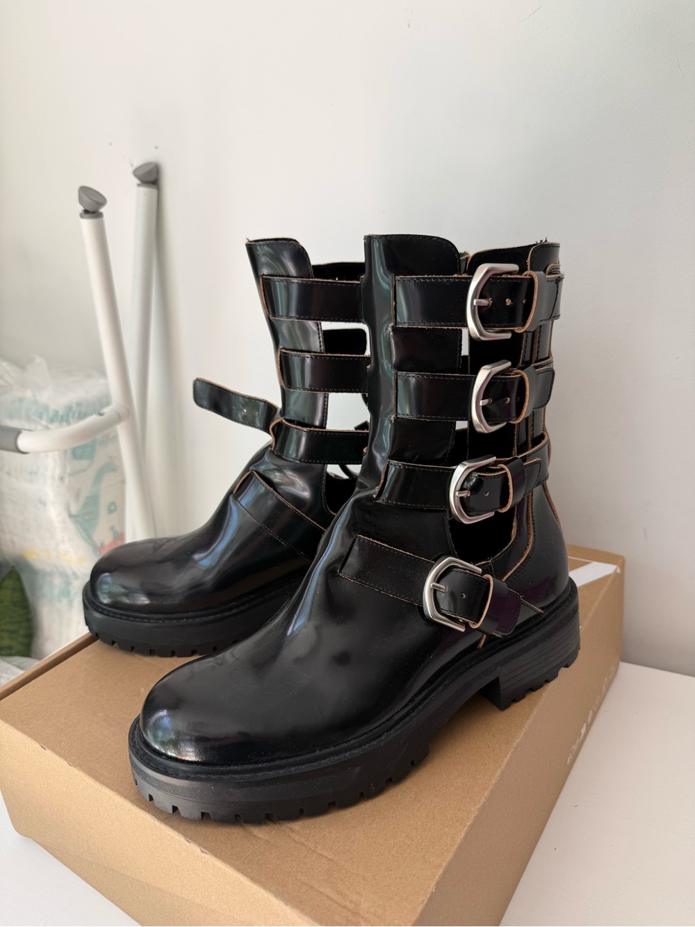 Zara Black Patent Multi-Buckle Combat Boots